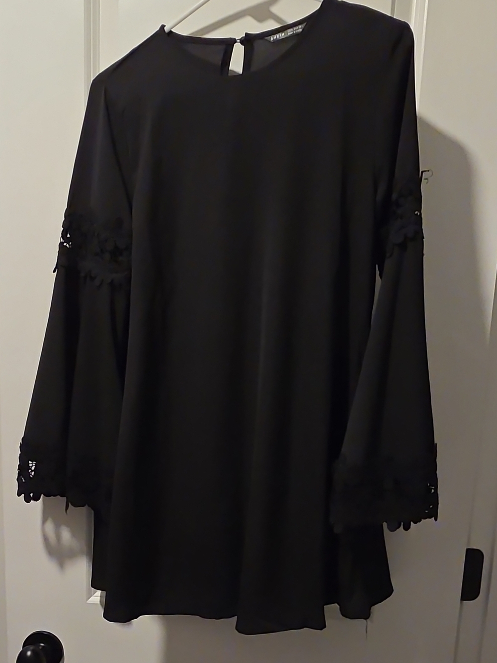 SHEIN Black Long Sleeve Bell-Sleeve Lace Trim Blouse
